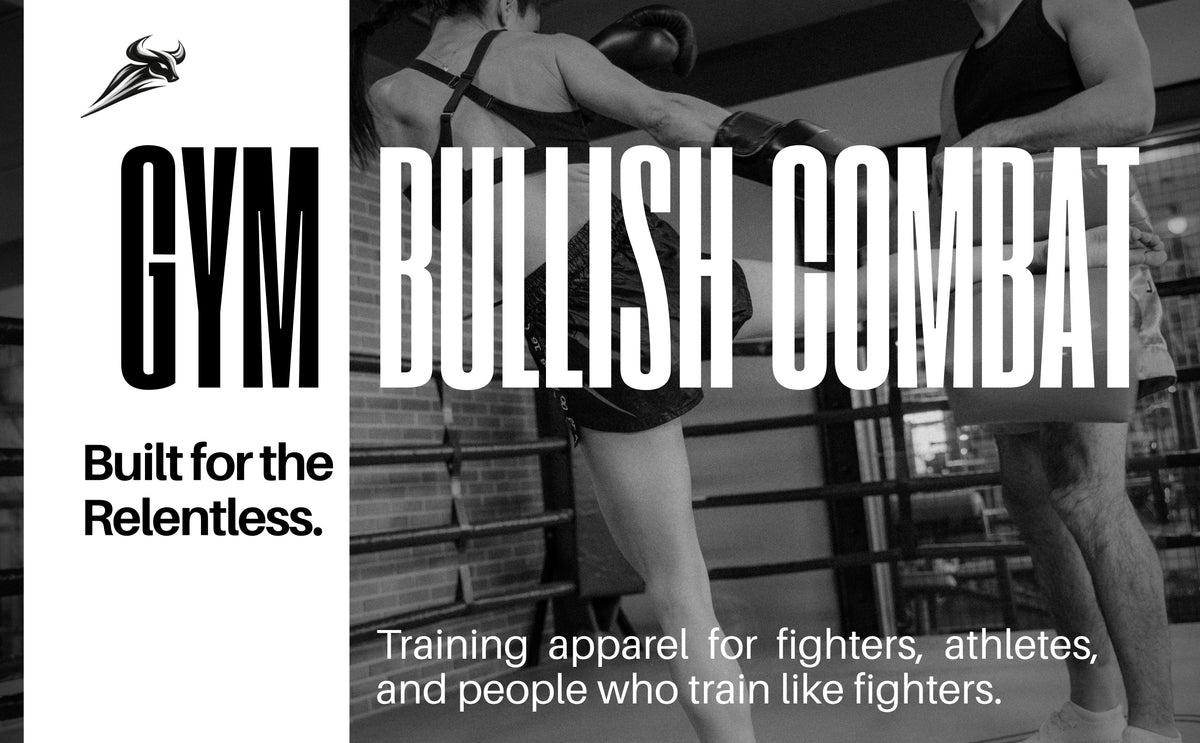 Black and white promotional graphic for GYM Bullish Combat training apparel, showing two fighters in a boxing ring with large white text overlay and Gym Bullish logo with the tagline 'Built for the Relentless.'.